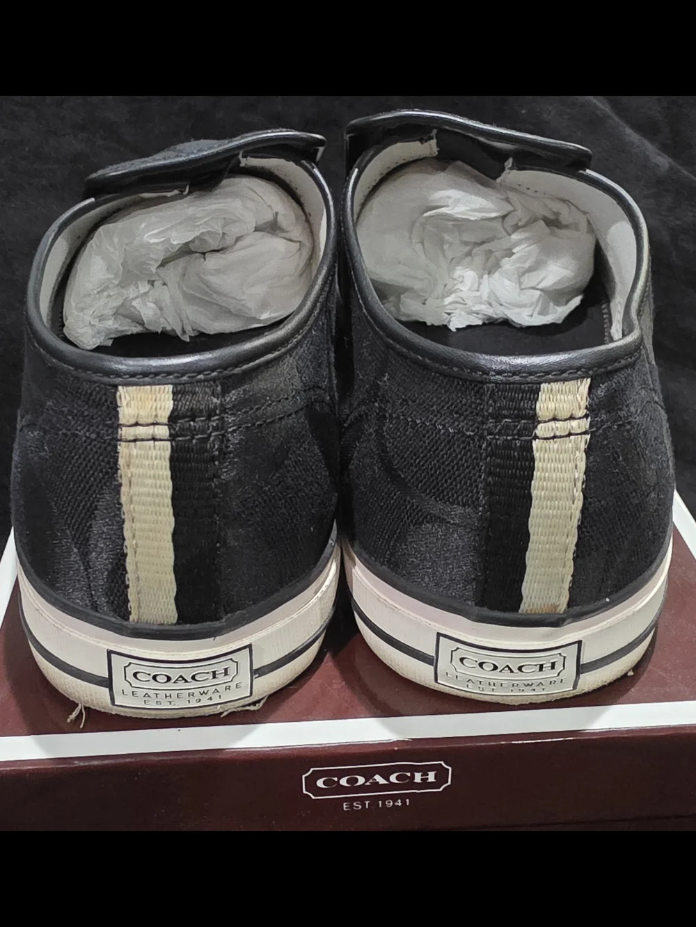Men's Coach Black Slip-On Logo Canvas Loafers with White Soles - Size 9.5